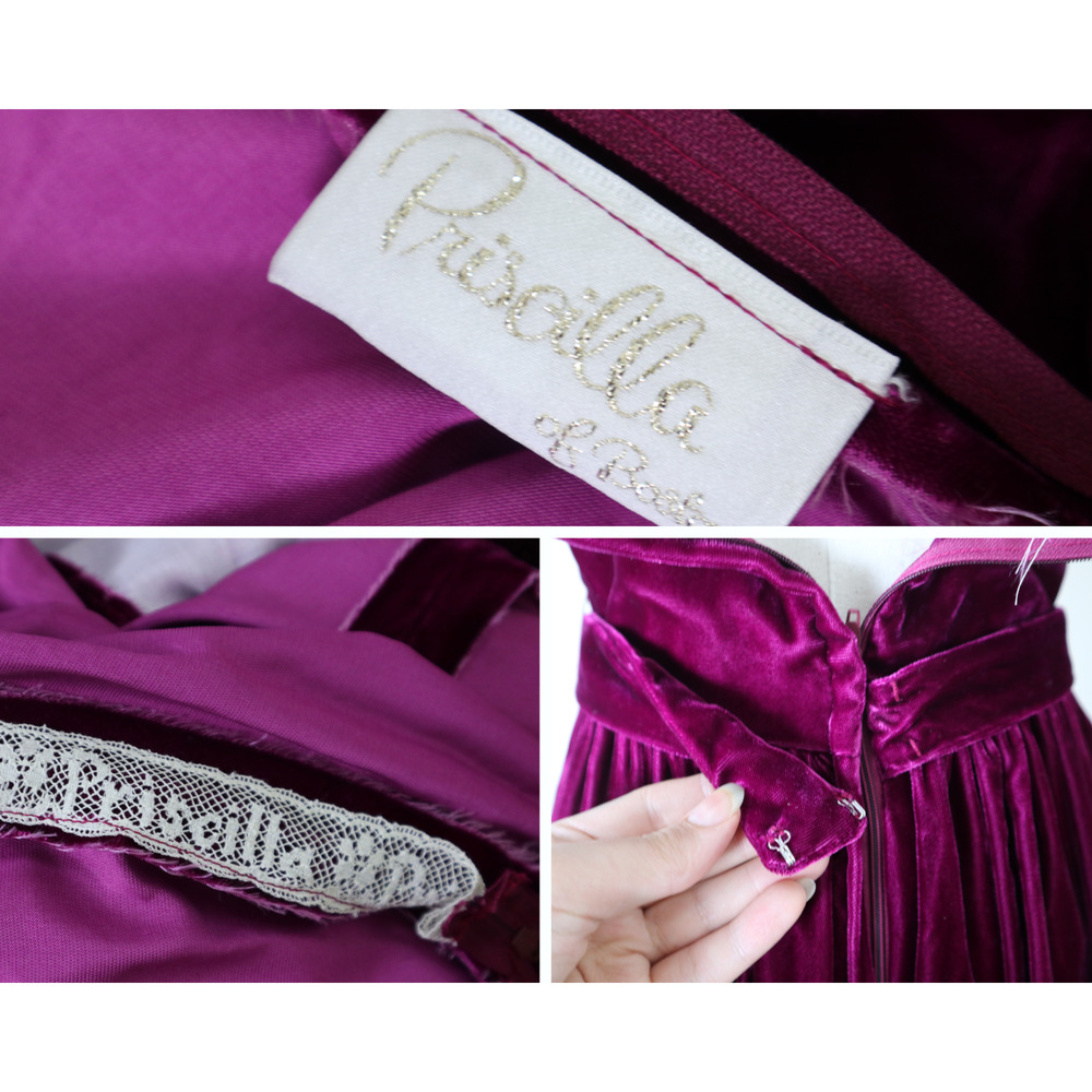 Vintage 1980s Priscilla of Boston Velvet Puff Shoulder Gown Maxi Dress Raspberry - Picture 11 of 12